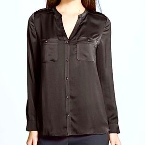 Trouve Black Satin Blouse Button Down with Pockets